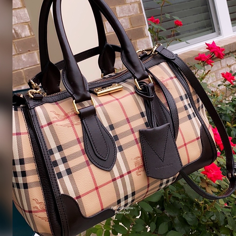 Burberry Beige Nova Check Satchel with Black Trim
